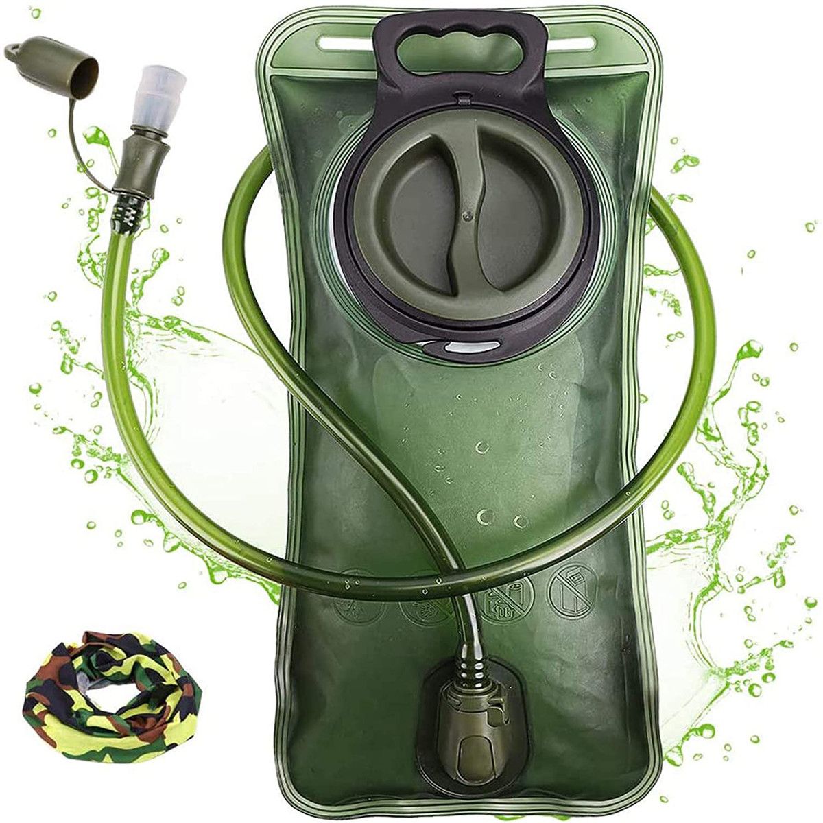 Hydration Bladder 2 Liter Leak Proof Water Reservoir, Military Water Storage Bladder Bag, BPA Free Hydration Pack Replacement, for Hiking Biking Climbing Cycling Running, Large Opening, Green