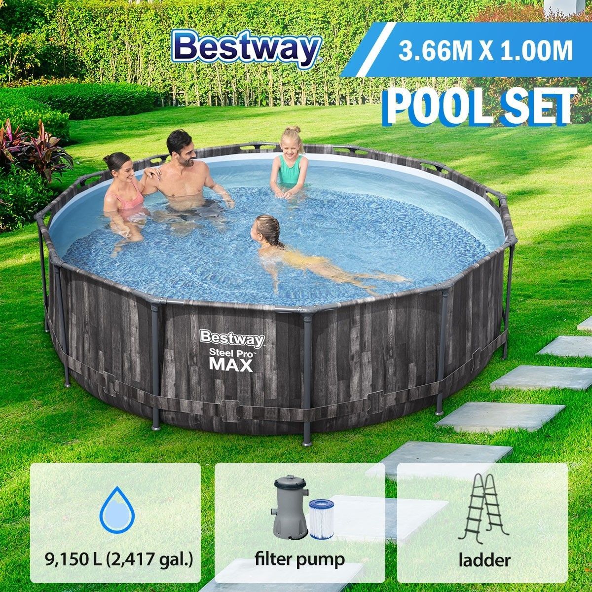 Bestway 3.66mx1.00m Steel Pro Max Above Ground Pool Kit with Filter Pump