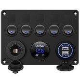 5 Gang Switch Panel 12Vor24V with?Digital Voltmeter Blue LED Equipped with Cigarette Lighter Socket and 4.2A Dual USB Port for RV Car Boat