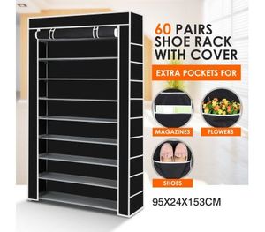 10 Tier Portable Shoe Rack With Non Woven Cloth Cover 60 Pairs Black