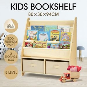 4 Level Kids Wood Bookshelf Bookcase Canvas Sling Toy Storage