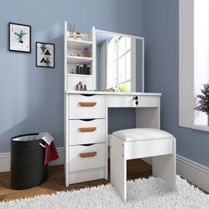 White Vanity Dresser W Large Sliding Mirror Shelves Drawers Stool