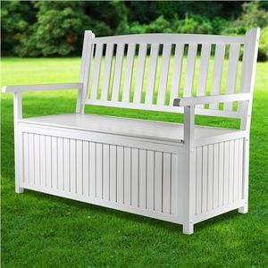 High Back White Wooden Outdoor Garden Storage Bench