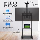 Mobile TV Stand Mount Bracket Trolley 32-75 Inch LED LCD Screen Monitor Television Cart with Media Storage Shelf Wheels Adjustable Freestanding