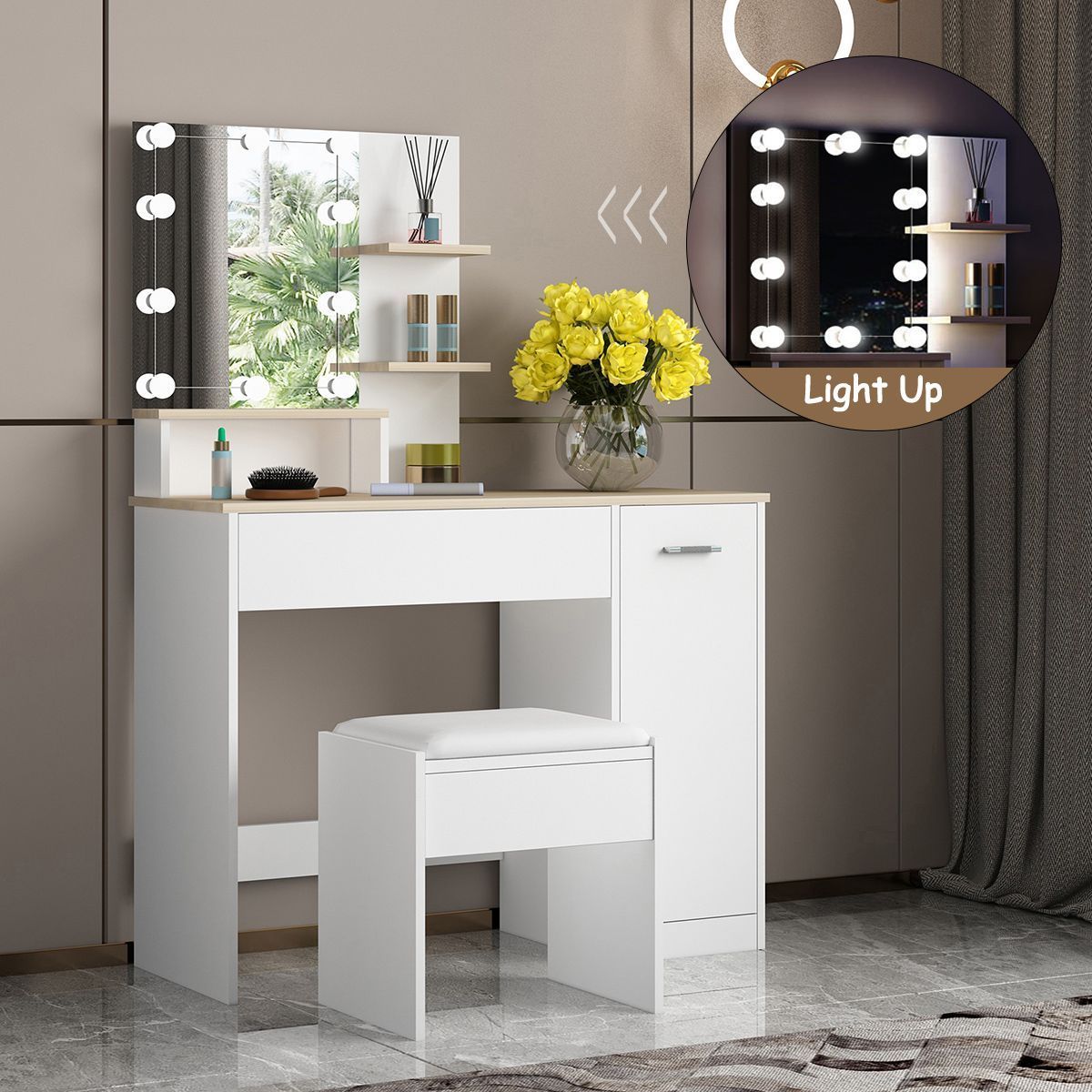 White Dressing Table Dresser Makeup Vanity Table Stool Set with Mirror & LED Lights
