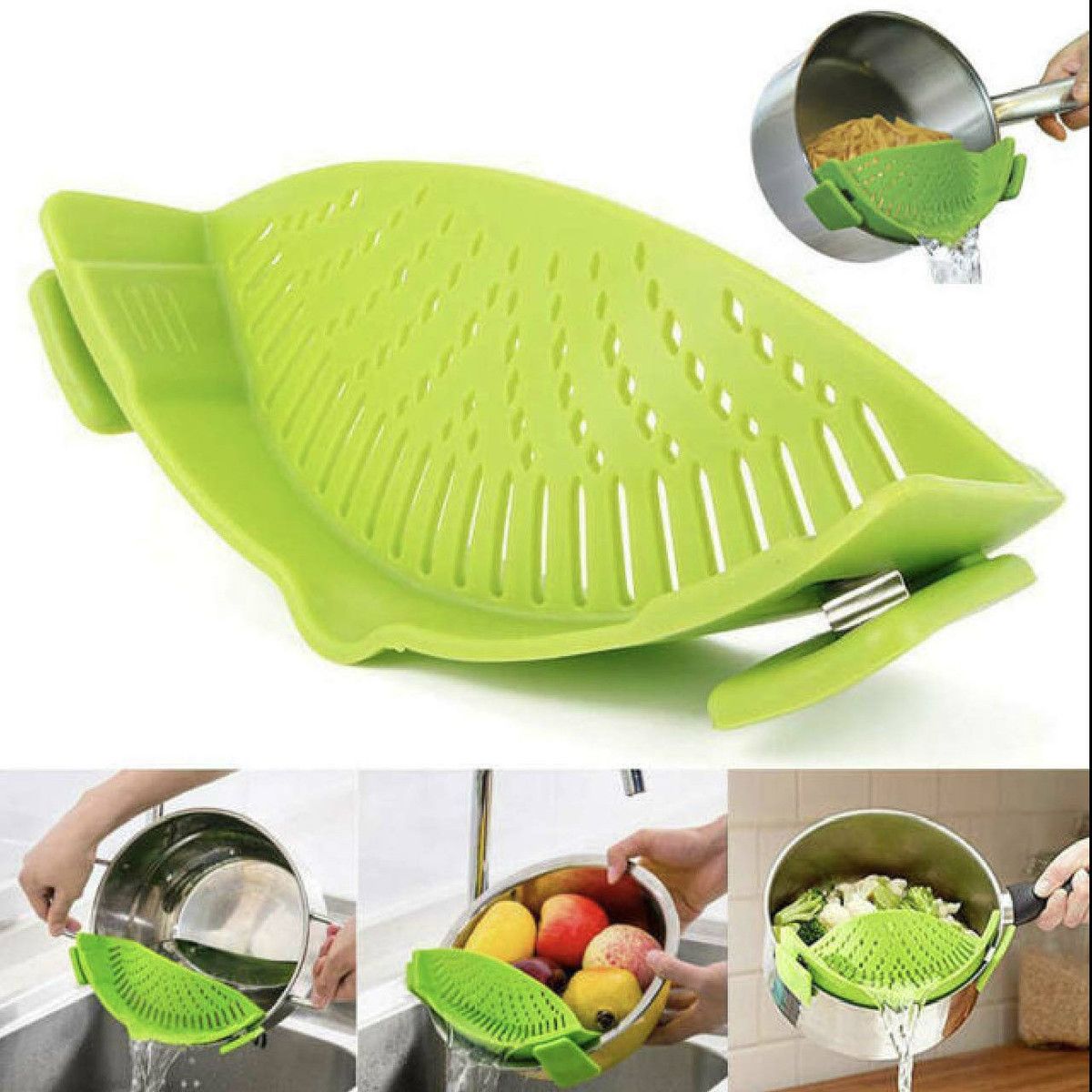 Kitchen Snap and Strain Strainer, Clip On Silicone Colander, Fits all Pots and Bowls Lime Green