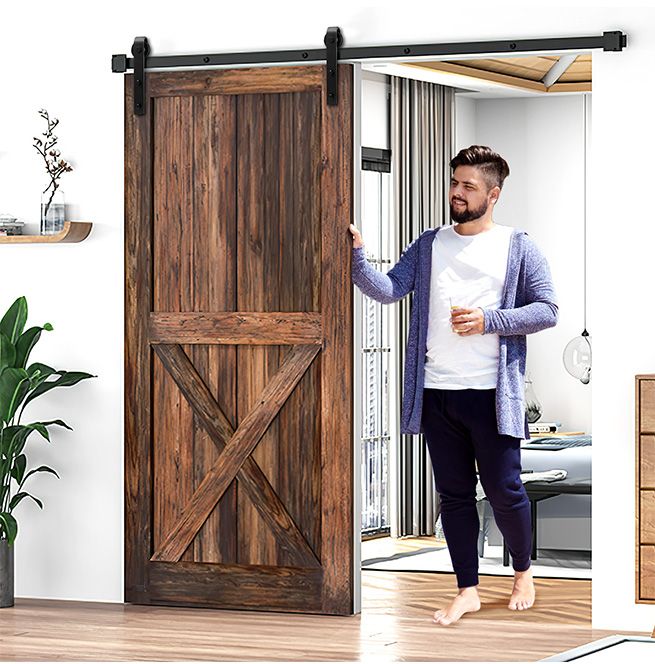 2m Single Sliding Barn Door Hardware Set w/Floor Guide Antijump Block Roller Stopper