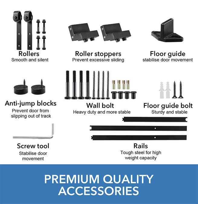 2m Single Sliding Barn Door Hardware Set w/Floor Guide Antijump Block Roller Stopper