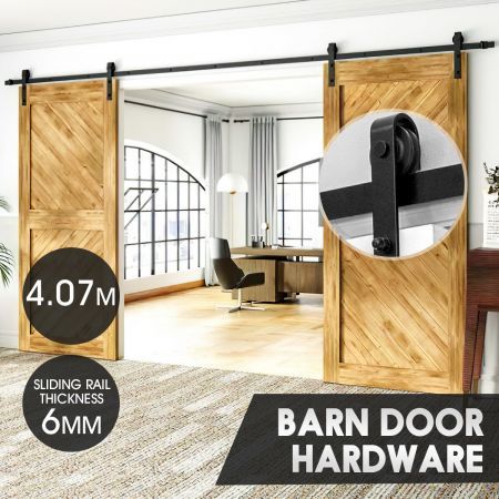 Double Door Sliding Barn Door Hardware Track Roller Stopper Floor Guide Kit 4.07m Black