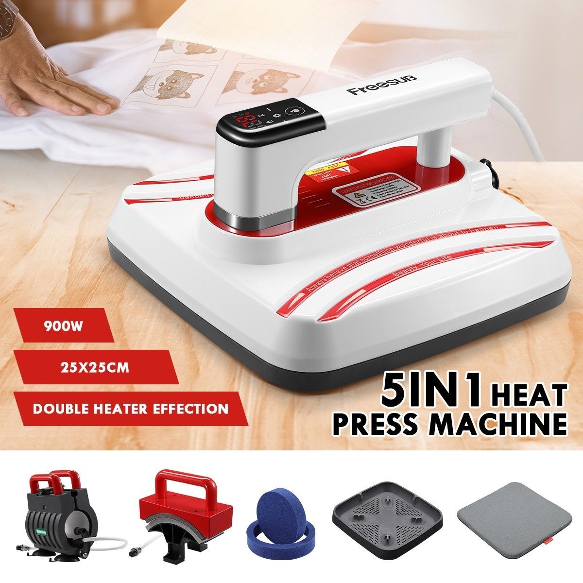 Heat Press Machine 5IN1 Portable Digital Heat Transfer 25x25cm for T-shirts Mug Cap