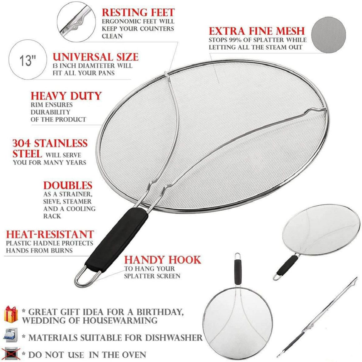 Grease Splatter Screen for Frying Pan 13in Stops 99% of Hot Oil Splash Protects Skin from Burns Splatter Guard for Cooking Stainless Steel