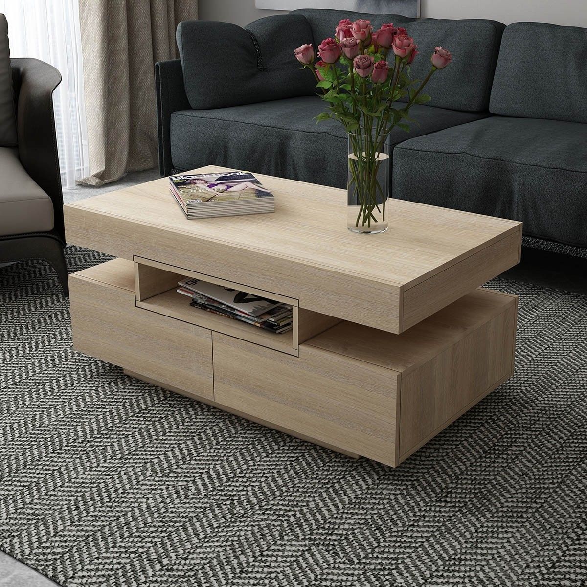 Oak Coffee Table 4-Drawer Side Cabinet with Storage Shelf