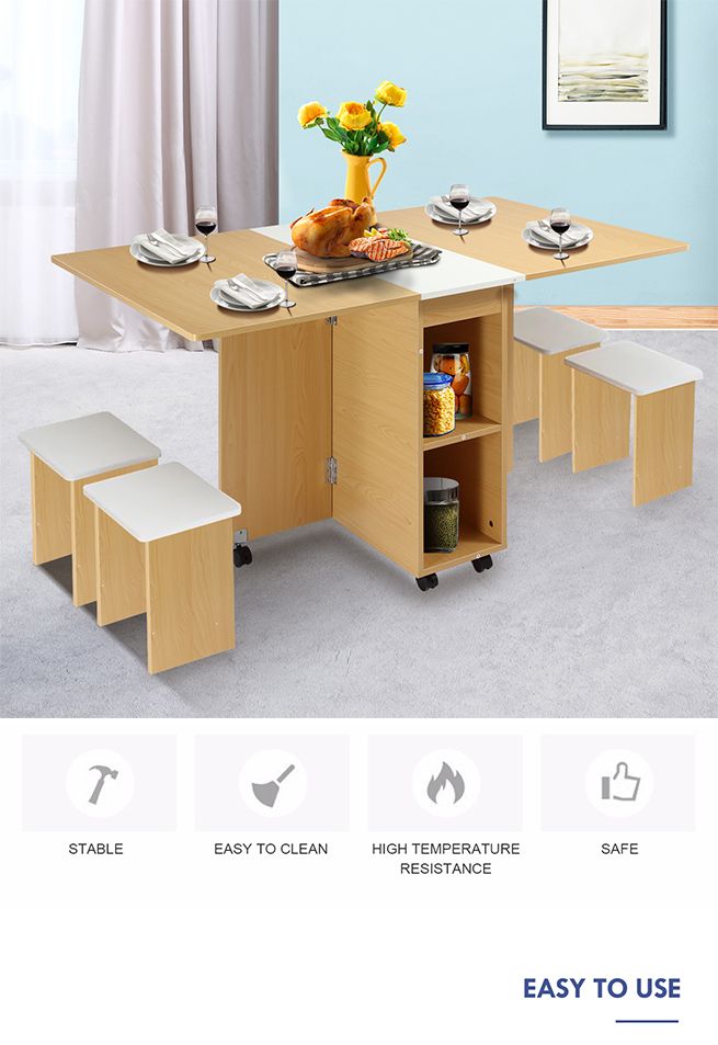 Multifunctional 5 Piece Foldable Dining Table and Chair Set Wooden Home Furniture