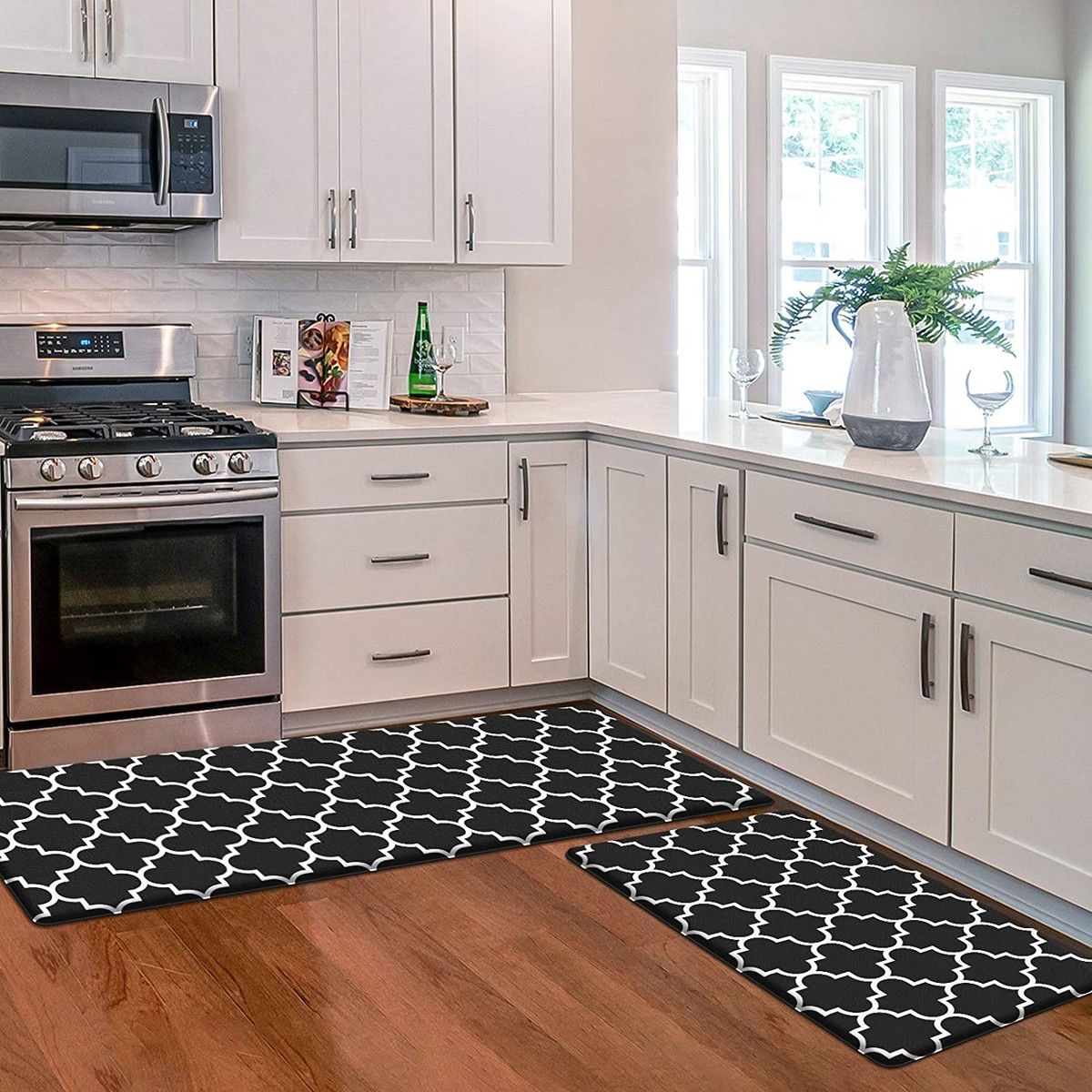 2 PCS Flannel Kitchen Mat Cushioned Anti-Fatigue Kitchen Rug, Waterproof Non-Slip col black
