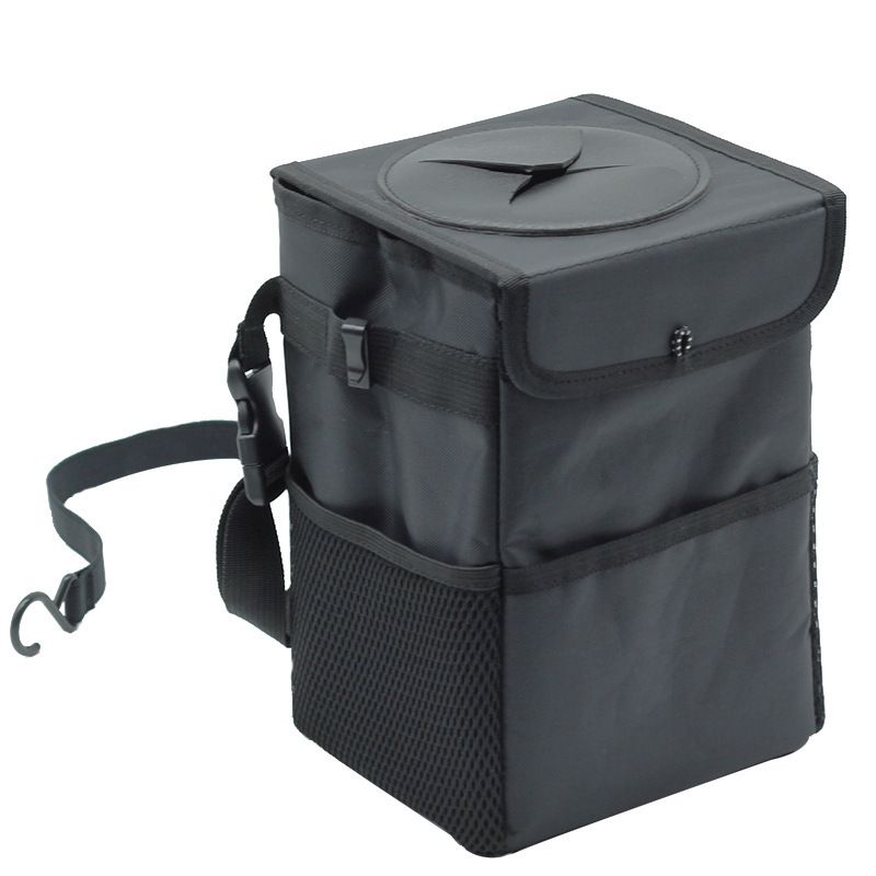 Waterproof Car Trash Can with Lid and Storage Pockets, Black