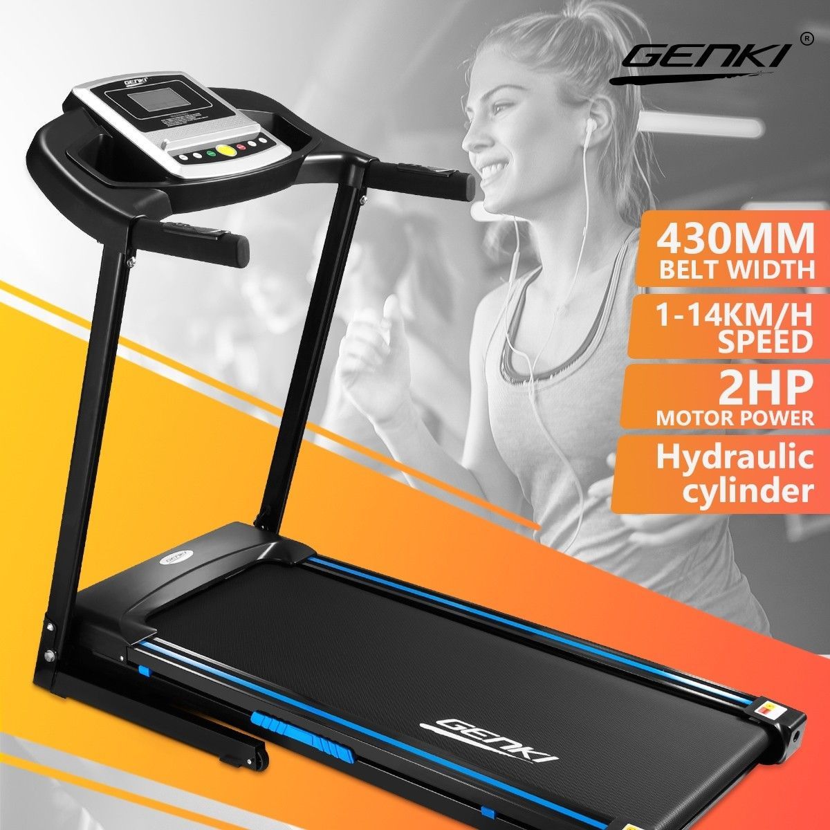 Genki 2HP Treadmill Home Gym Equipment Foldable Running Exercise Machine 430mm Belt