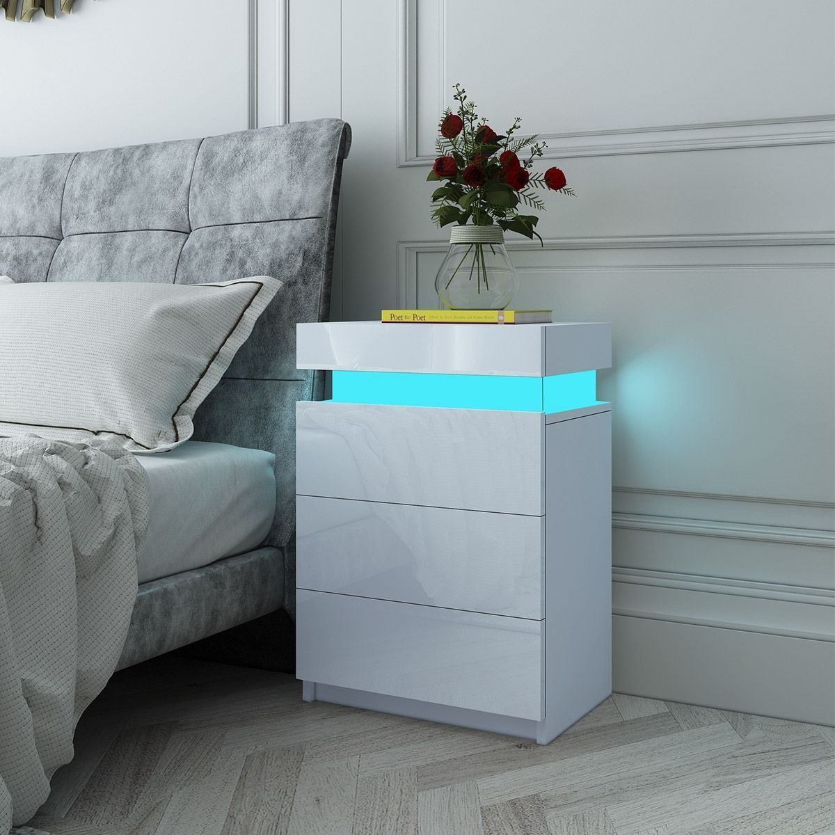 White Modern Nightstand Bedside Tables 3 Drawers High Gloss Front RGB LED