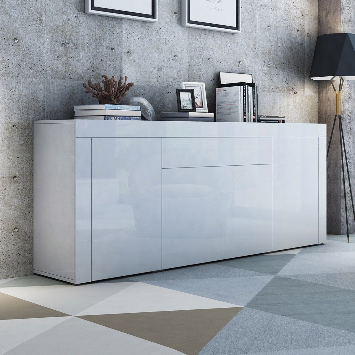 Sideboard Buffet Cabinet Table 4 Doors 1 Drawer High Gloss Front Storage Cupboard White