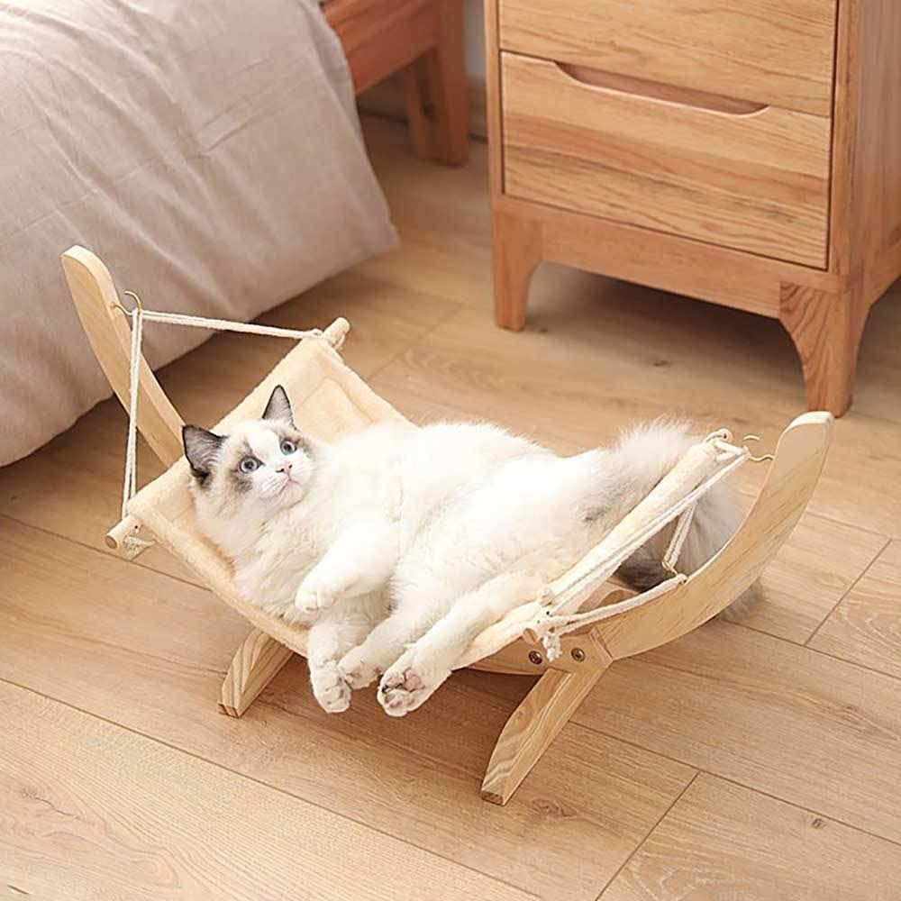 Cat hammock bed, soft plush bed chair with stand, wooden robust pet bed ...