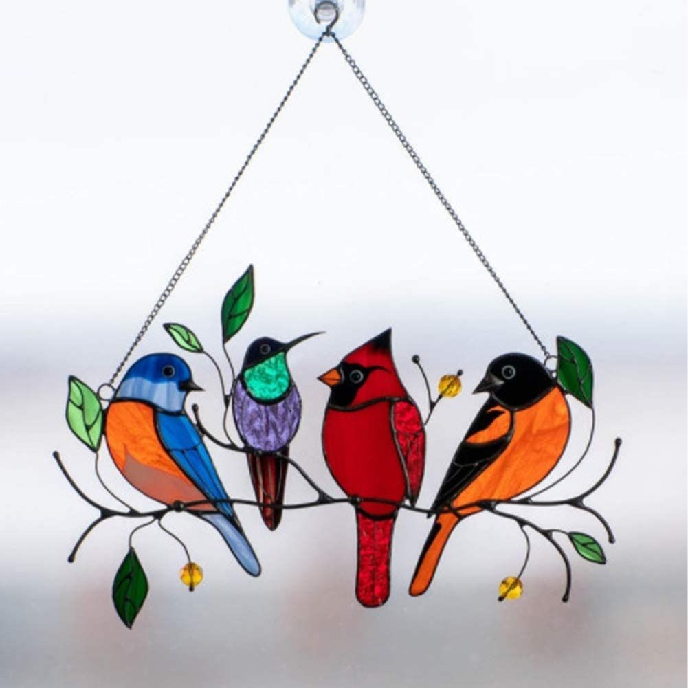 Multicolor Birds on a Wire High Stained Glass Suncatcher Window Panel ...