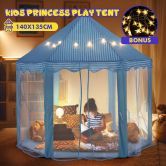 Kids Princess Castle Play Tent Hexagon Play House Indoor Outdoor with Star Lights - Blue
