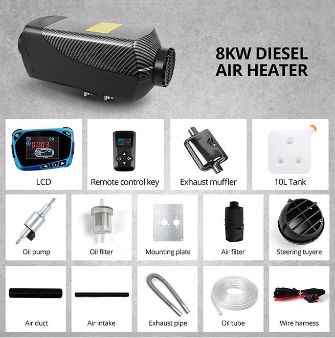 12V 8kW Diesel Air Heater Portable Parking Heater Remote Control LCD Panel Black & Grey