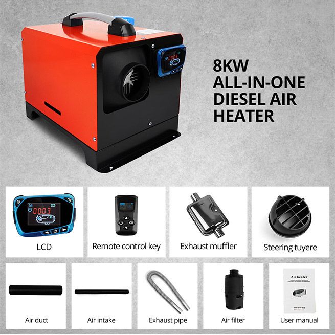 All-in-One 12V 8KW Diesel Air Heater Parking Car Truck Caravan LCD Remote Black & Orange