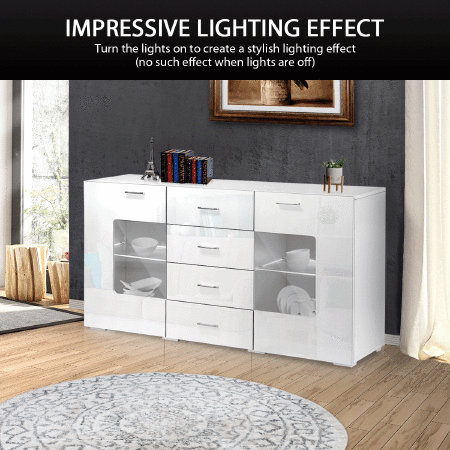 High Gloss White 2 Door 4 Drawer Sideboard Corner Table Cabinet Cupboard 140cm RGB LED Light