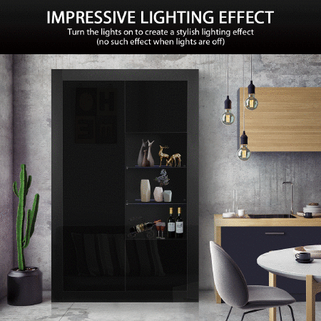 High Gloss 160cm Tall Black Side Cabinet LED Display Shelf with Push-to-Open Doors