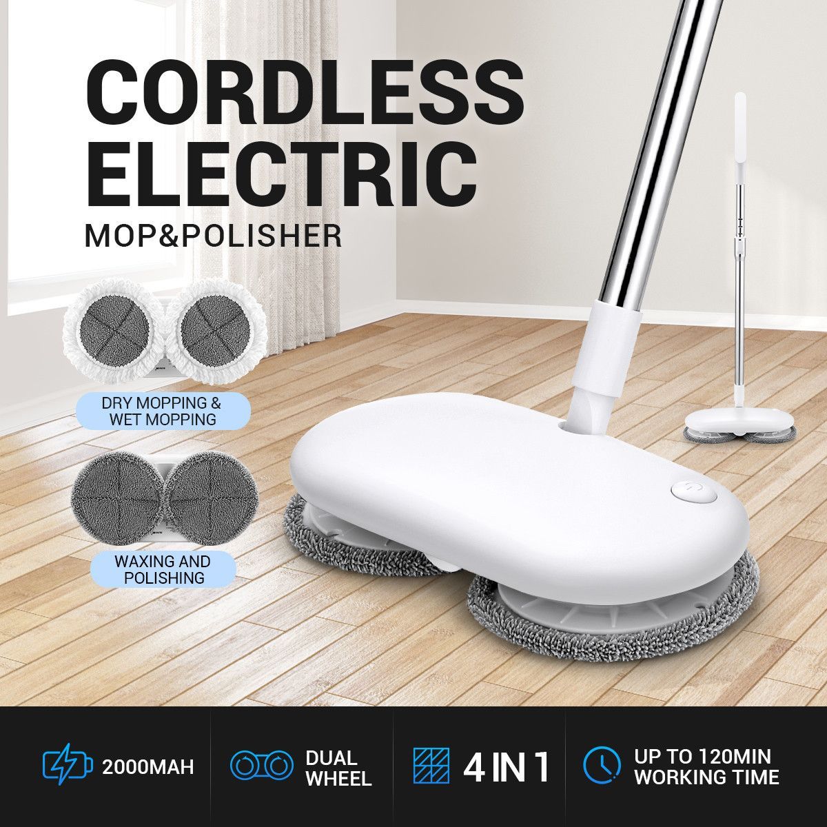 4 In 1 Cordless Electric Mop Floor Spin Mop Cleaner Polisher Sweeper Scrubber Waxer