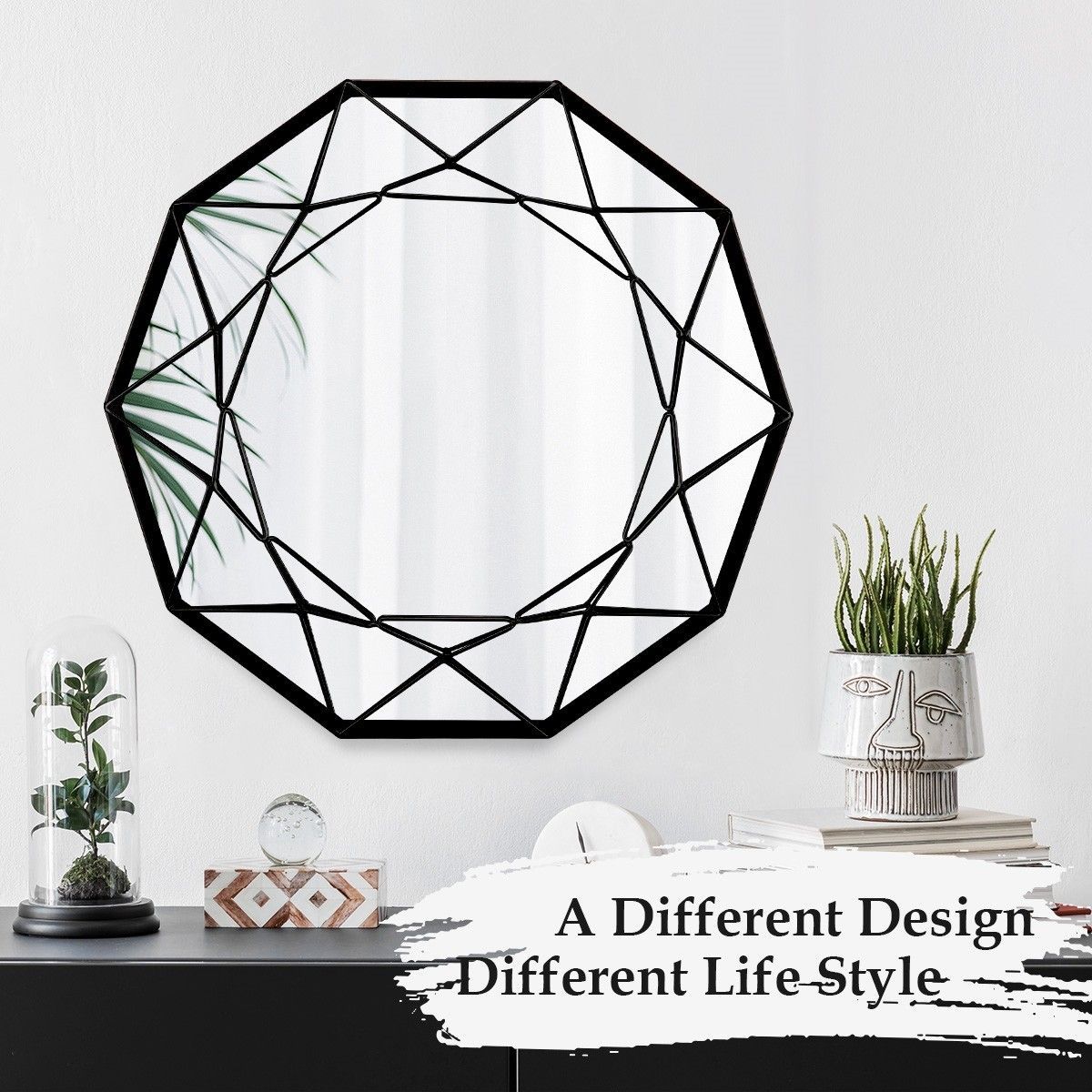 Geometric Shaped 10-Sided Wall Mirror Decorative Vanity Mirror Black Frames