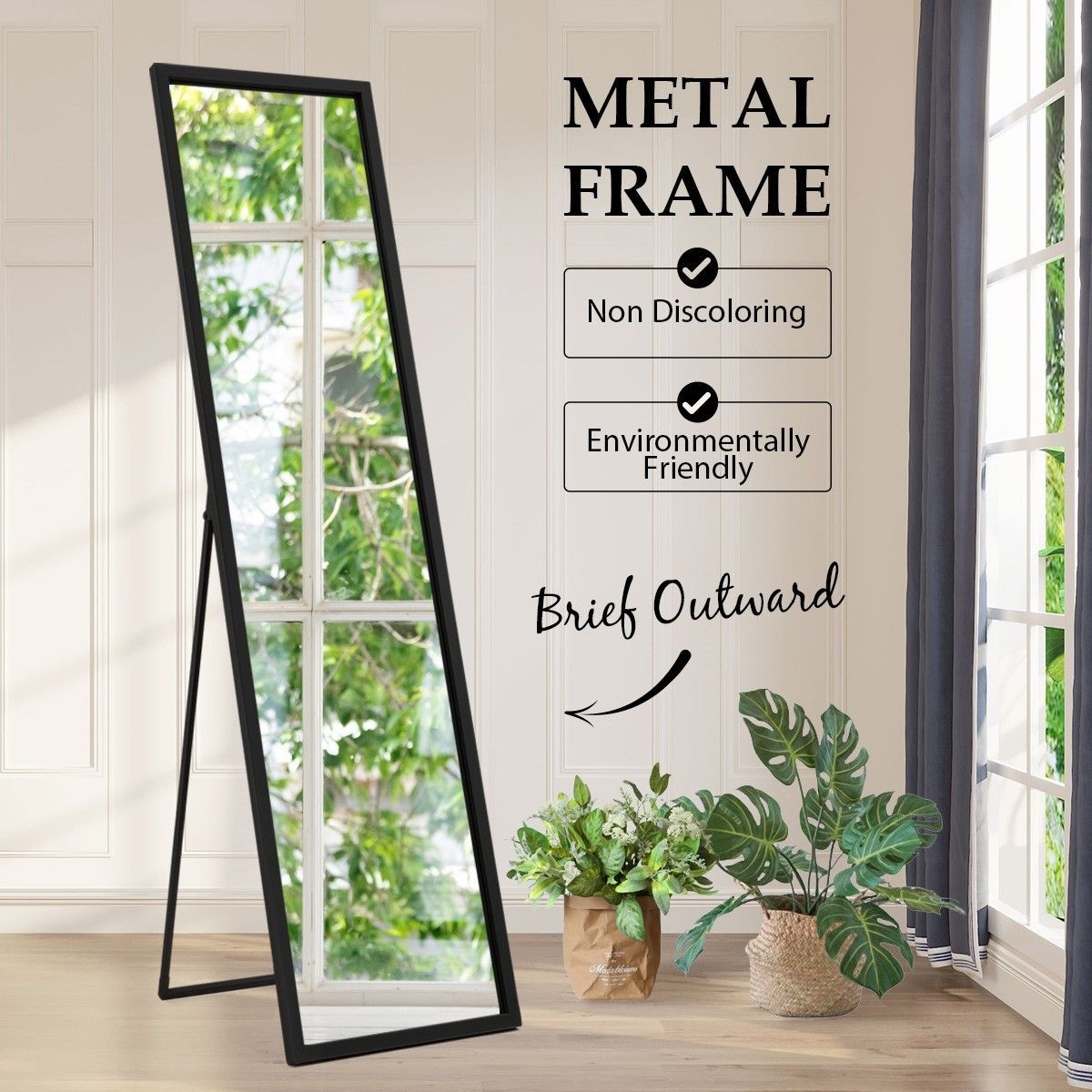 Mirror Floor Standing Mirror Multi purpose Full Length w/ Rectangle Metal Frame 36cm x 2cm x 142cm Black
