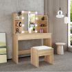 Classic Oak Dressing Table Makeup Vanity Table Stool Set w/ LED Lighted Mirror Drawers