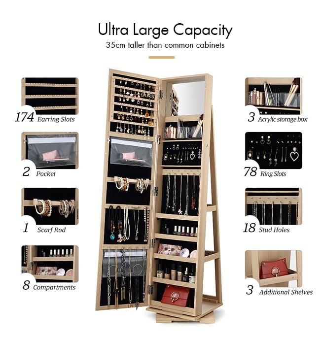 360 Degree Rotating Mirror Jewellery Cabinet Freestanding Jewellery Organiser Armoire