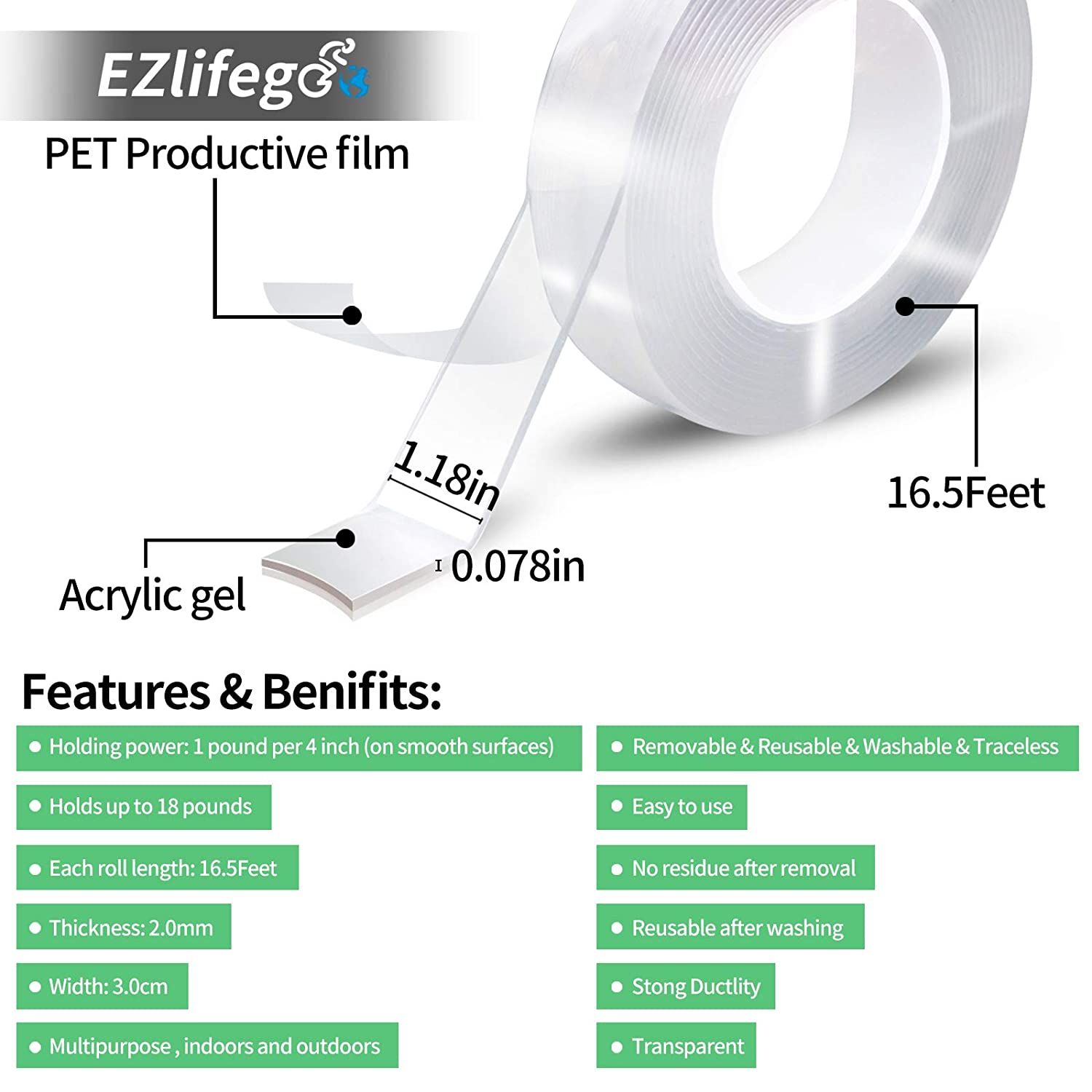 Double Sided Tape Heavy Duty 16 5ft 5m Multipurpose Wall Tape Adhesive Strips Removable Mounting