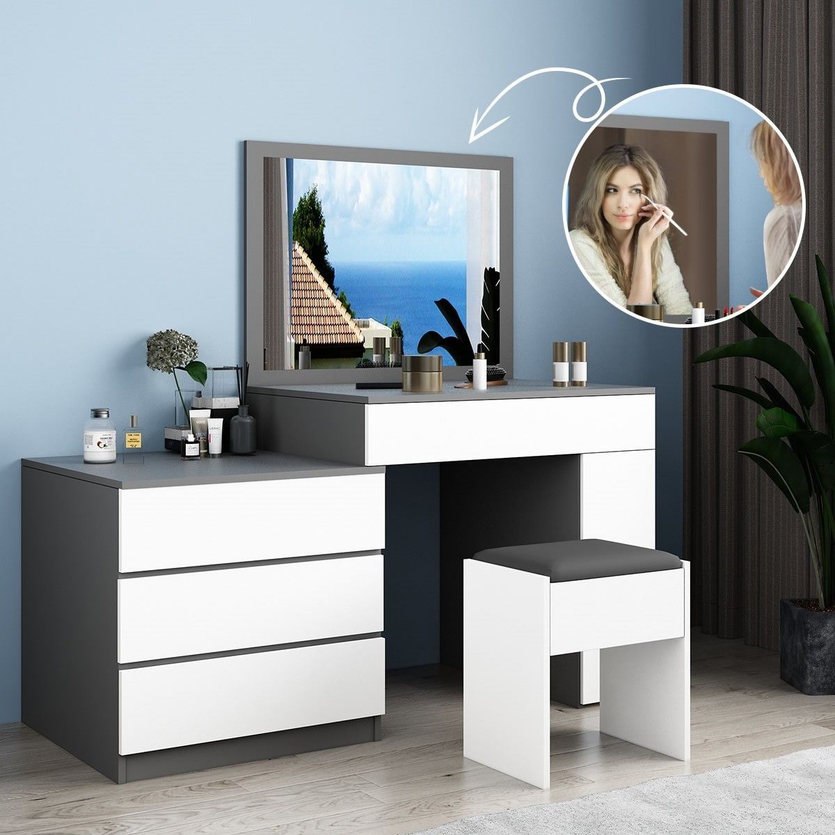 Modern 4-Drawer Dressing Table Set Makeup Mirror Vanity Table Stool Set