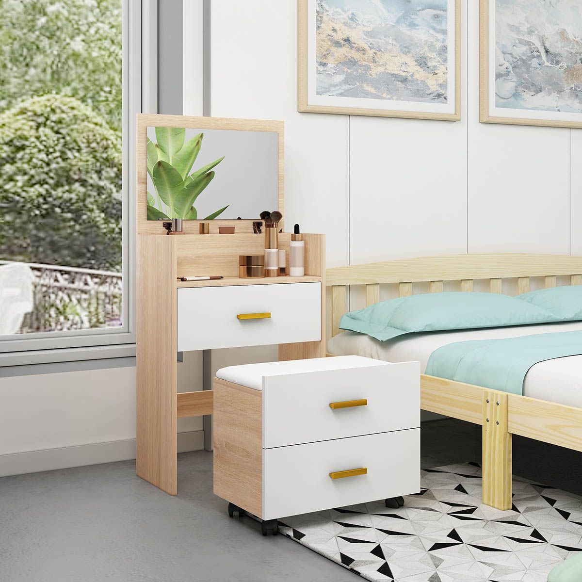 Wooden Oak Dressing Table Stool Set with Mirror Bedside Cabinet Makeup Vanity