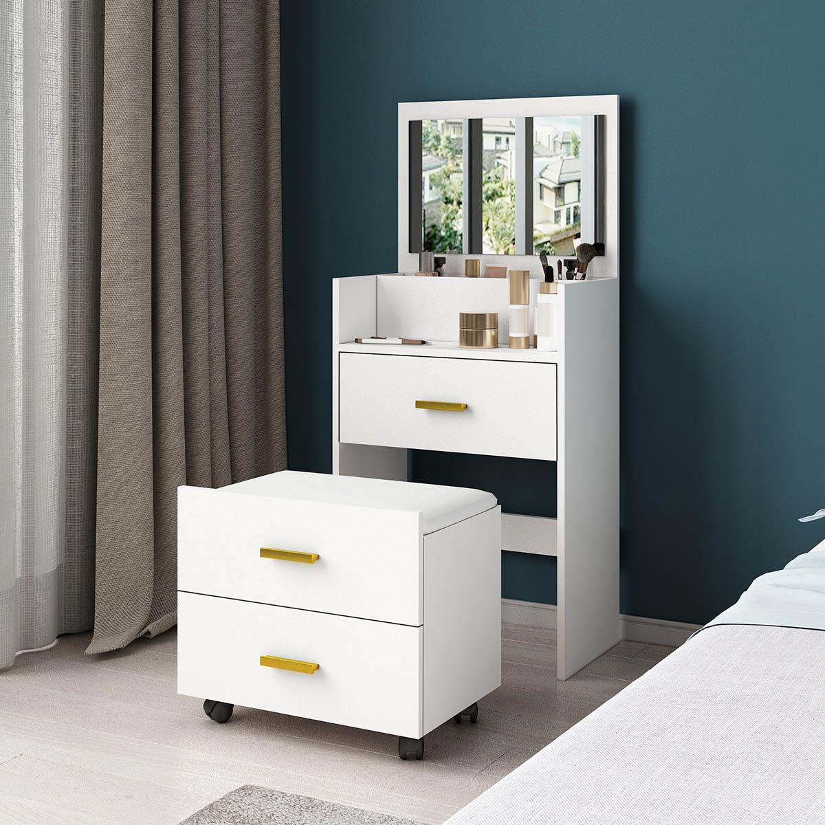 White Dressing Table Stool Set with Mirror Storage Bedside Cabinet Makeup Vanity