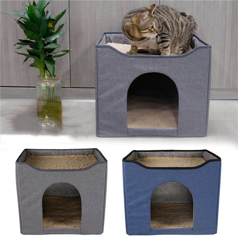 Cat House&Condo with Bed, 2 in 1 Cat Hideaway Cube, Foldable Cat