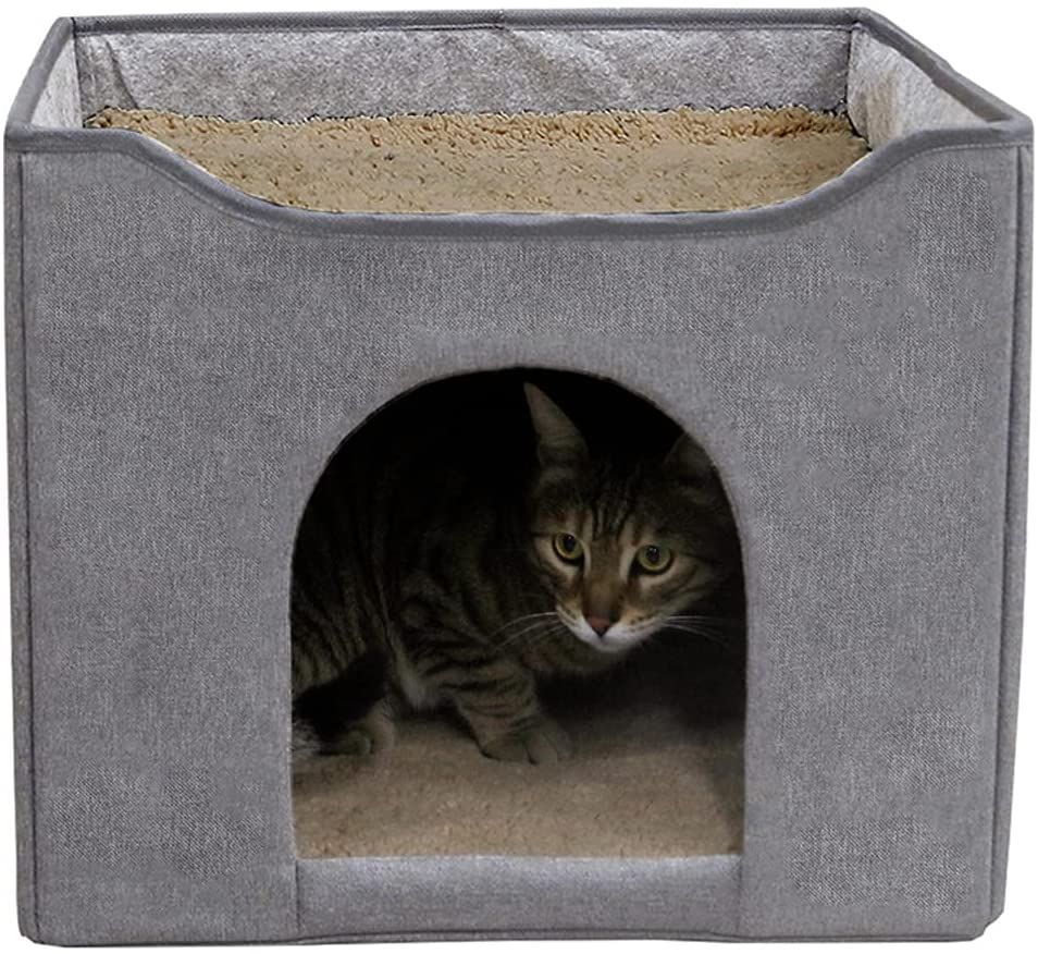 Cat House&Condo with Bed, 2 in 1 Cat Hideaway Cube, Foldable Cat