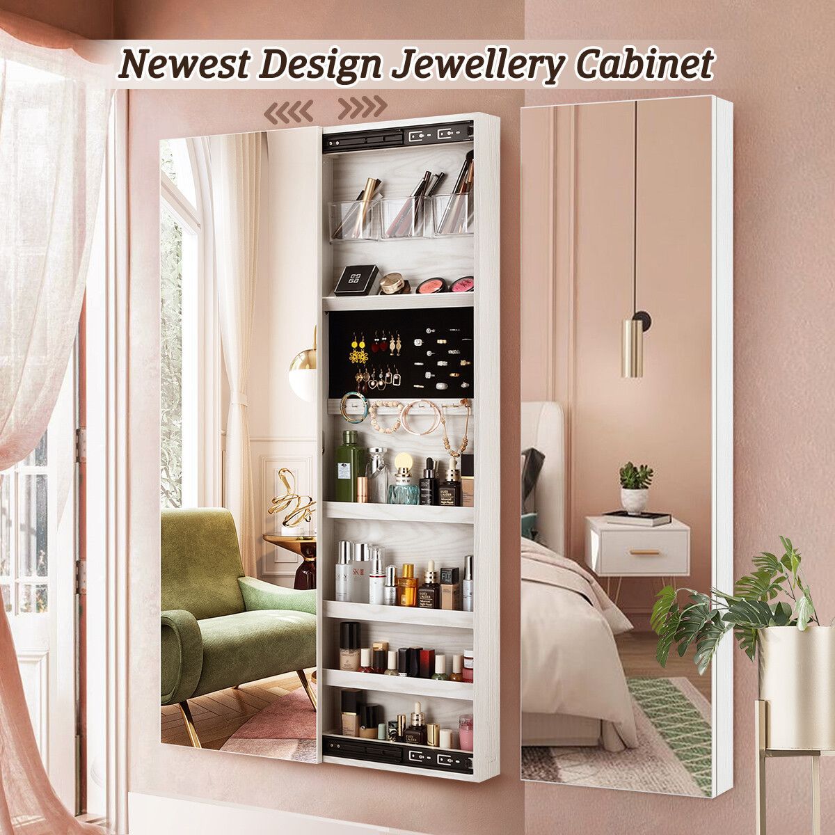 Mirror Jewellery Armoire Cabinet Organizer Door Wall Mounted Hanging Cabinet Cosmetics Storage -White