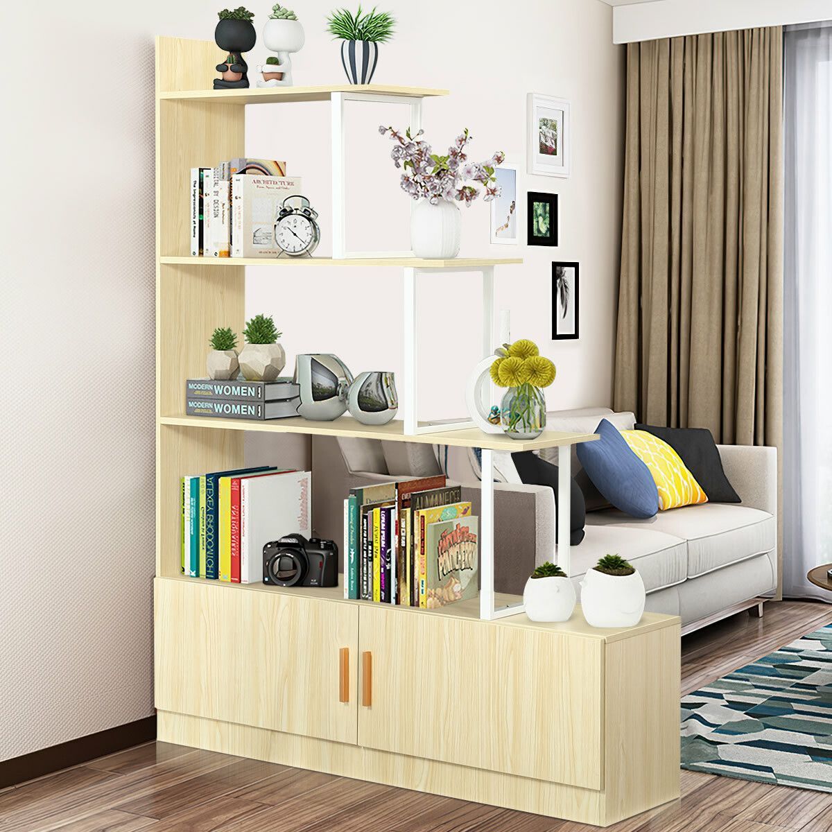 5 Tier Ladder Bookshelf Bookcase Storage Cube Cabinet Display Shelf Rack Shelving with 2 Doors