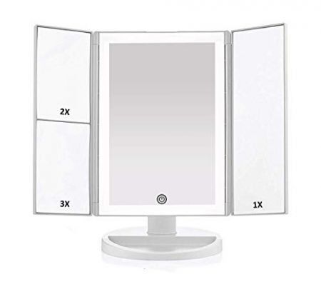 36 LED Nature Daylight Lighted Makeup Mirror,Tri-Fold Lighted Vanity Makeup Mirror with 3X/2X Magnification and Touch Screen Dimming Makeup Mirror, 180 Degree free Rotation, Countertop Cosmetic Mirror