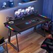 Ergonomic Gaming Desk Computer Home Office Writing Desk Racer Table with LED Lights and Carbon Fiber Desktop Black