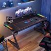 Large Z Shaped Gaming Desk Computer Home Office Writing Desk Racer Table with RGB LED Lights Carbon Fiber Tabletop Black