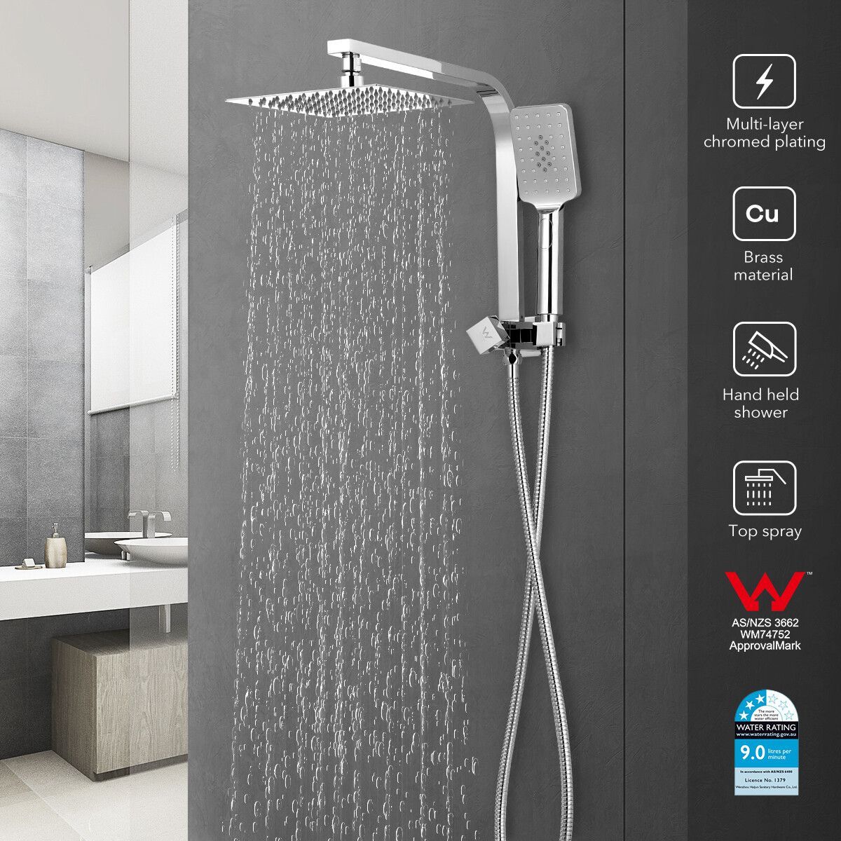 WELS Double Rain Shower Head Kit 8 Inch Square Handheld for Home Hotel Bathroom