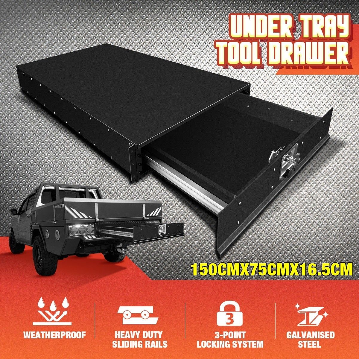 Steel Under Tray Tool Box Truck Ute Tool Boxes ToolBox Roller Drawer Black