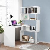 L-Shaped Rotating Home Office Desk Corner PC Computer Table 4 Tier Bookshelf Storage White
