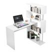 Home Office Computer Desk Corner Table 4 Tier Bookshelf Storage L-Shaped Rotating Table White