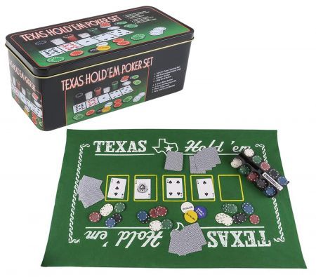 Gamie Texas Holdem Poker Game Set Includes Mat, 2 Card Decks, Chips, Chip Holder and Tin Storage Box Gift for Kids and Adults